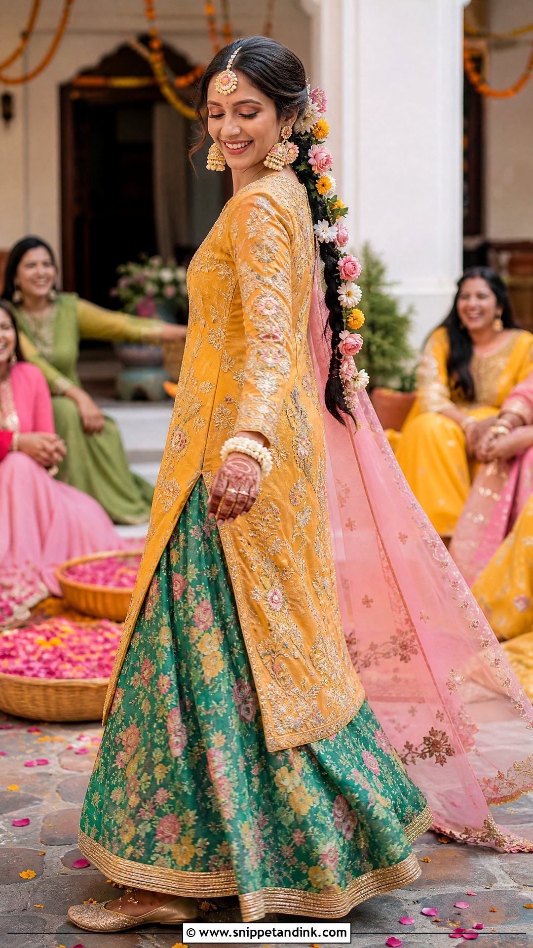 Marigold Kurta And Skirt Mehndi Outfit - Snippet and Ink - 25 Mehndi Function Dress Outfit for Bride Ideas