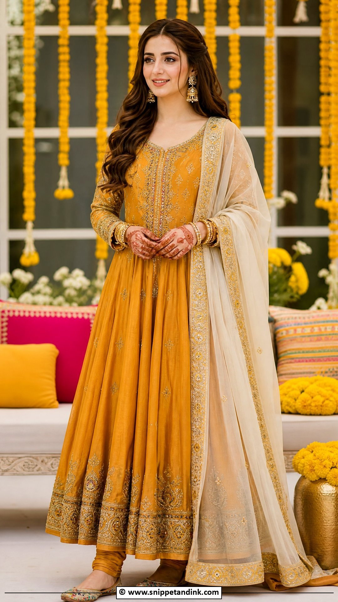 Marigold Mehndi Pishwas With Churidar - Snippet and Ink - 35 Mehndi Dresses