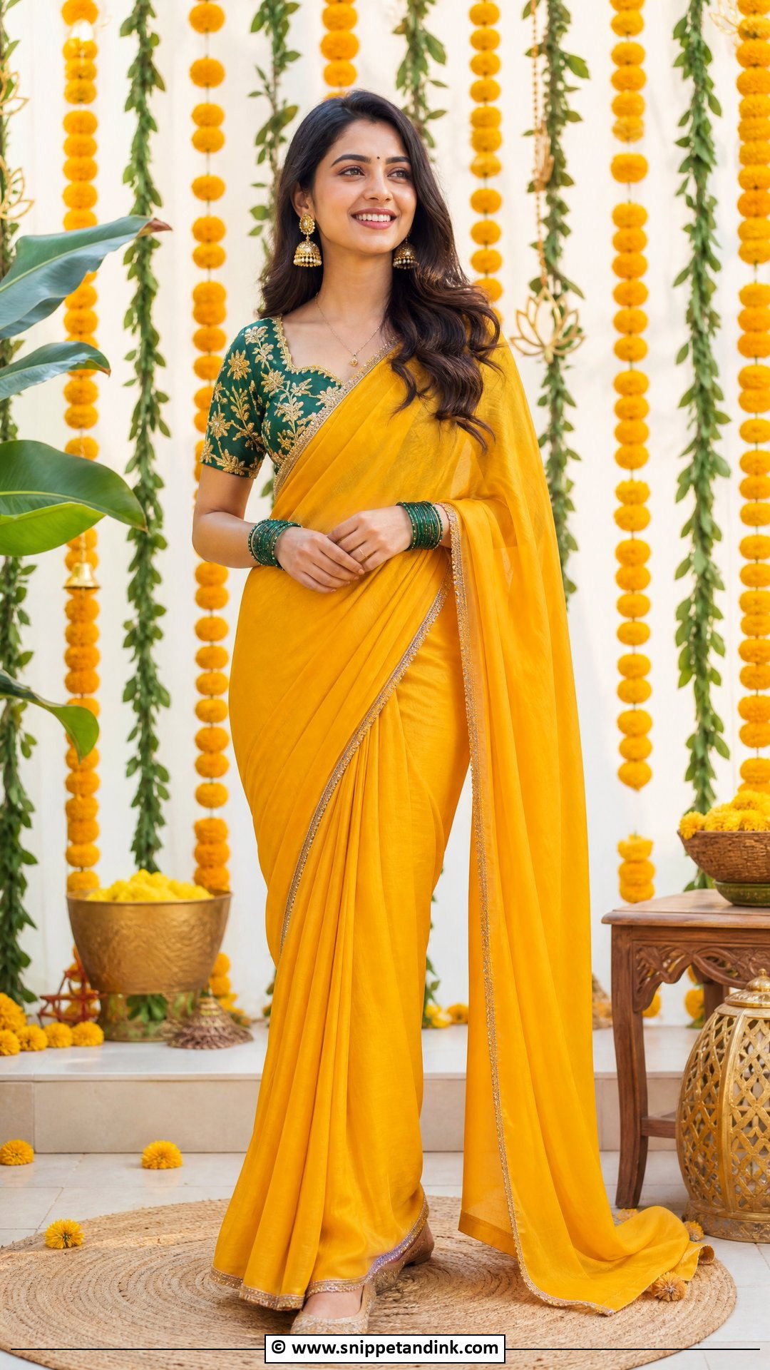 Marigold Saree With Green Blouse Haldi Outfit - Snippet and Ink - 35 Haldi Outfit Ideas