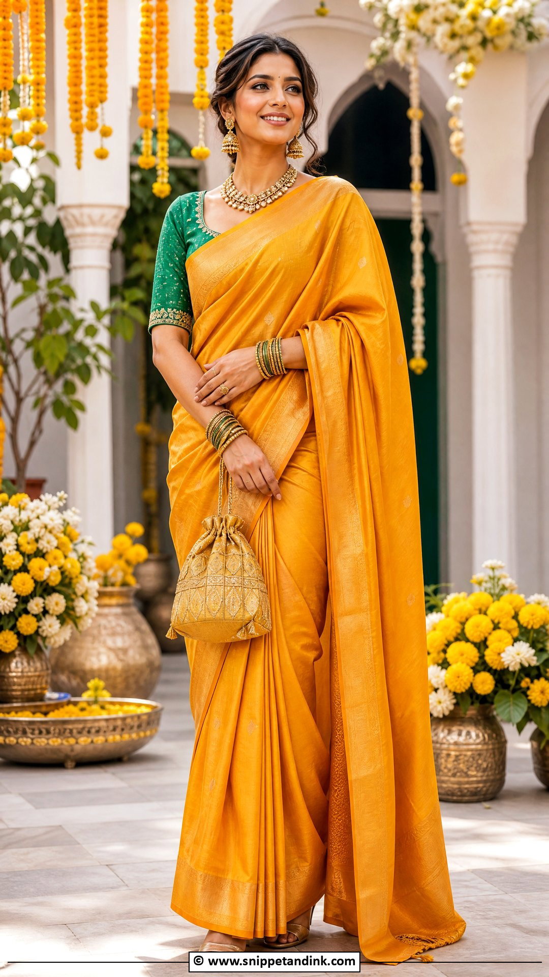 Marigold Silk Saree For Haldi - Snippet and Ink - 35 Haldi Outfits