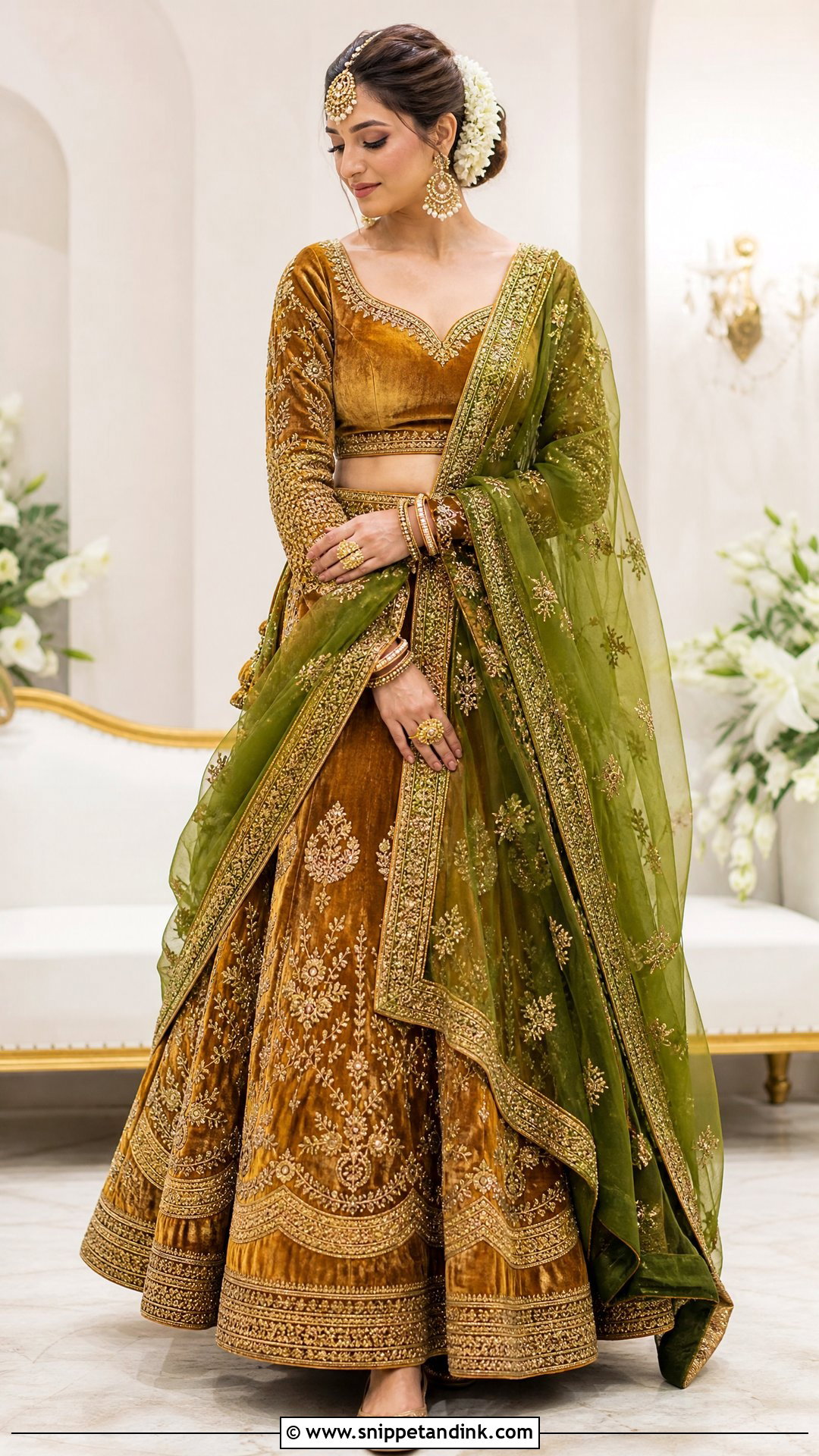 Marigold Velvet Lehenga Dholki Bridal Outfit - Snippet and Ink - 20 Dholki Outfit Bride Ideas