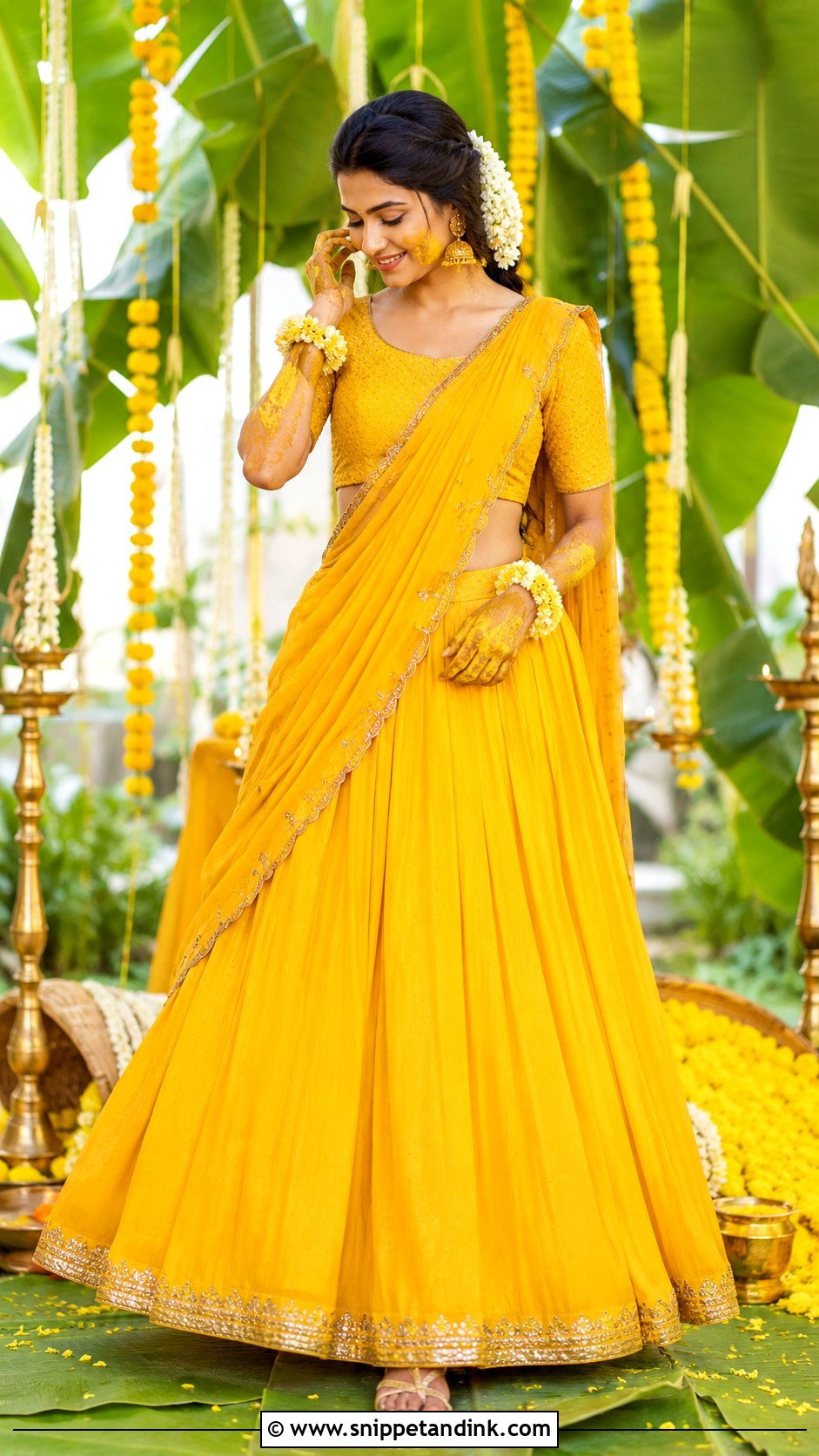 Marigold Yellow Lehenga Saree Haldi Outfit - Snippet and Ink - 25 South Indian Haldi Outfit Ideas