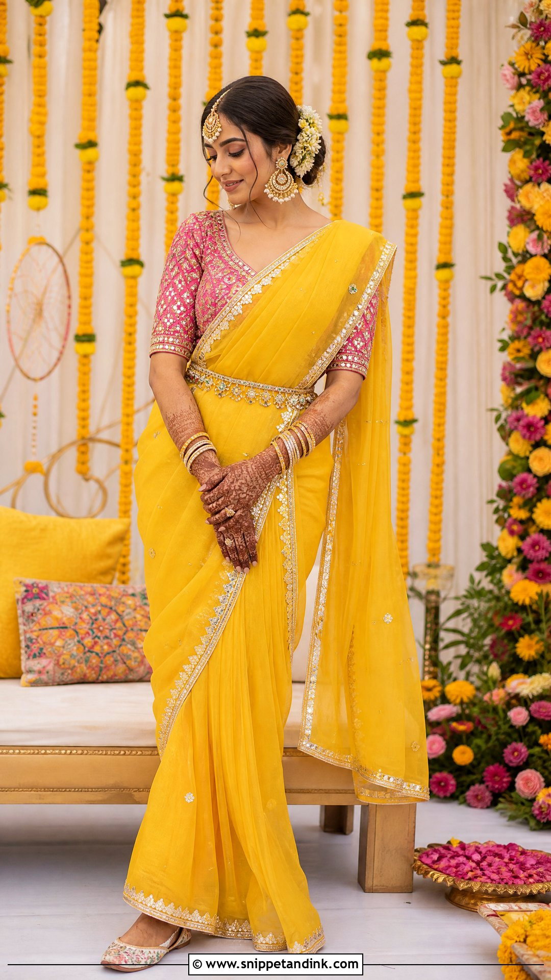 Marigold Yellow Mehndi Bridal Saree - Snippet and Ink - 25 Mehndi Bridal Dress Ideas