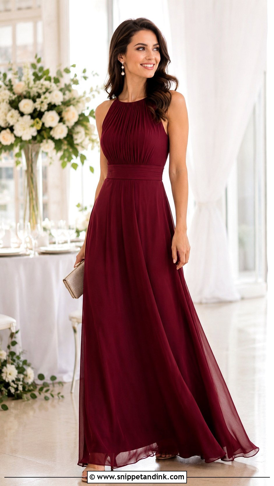 Maroon A Line Gown With Pearl Earrings - Snippet and Ink - 30 Maroon Gown Ideas