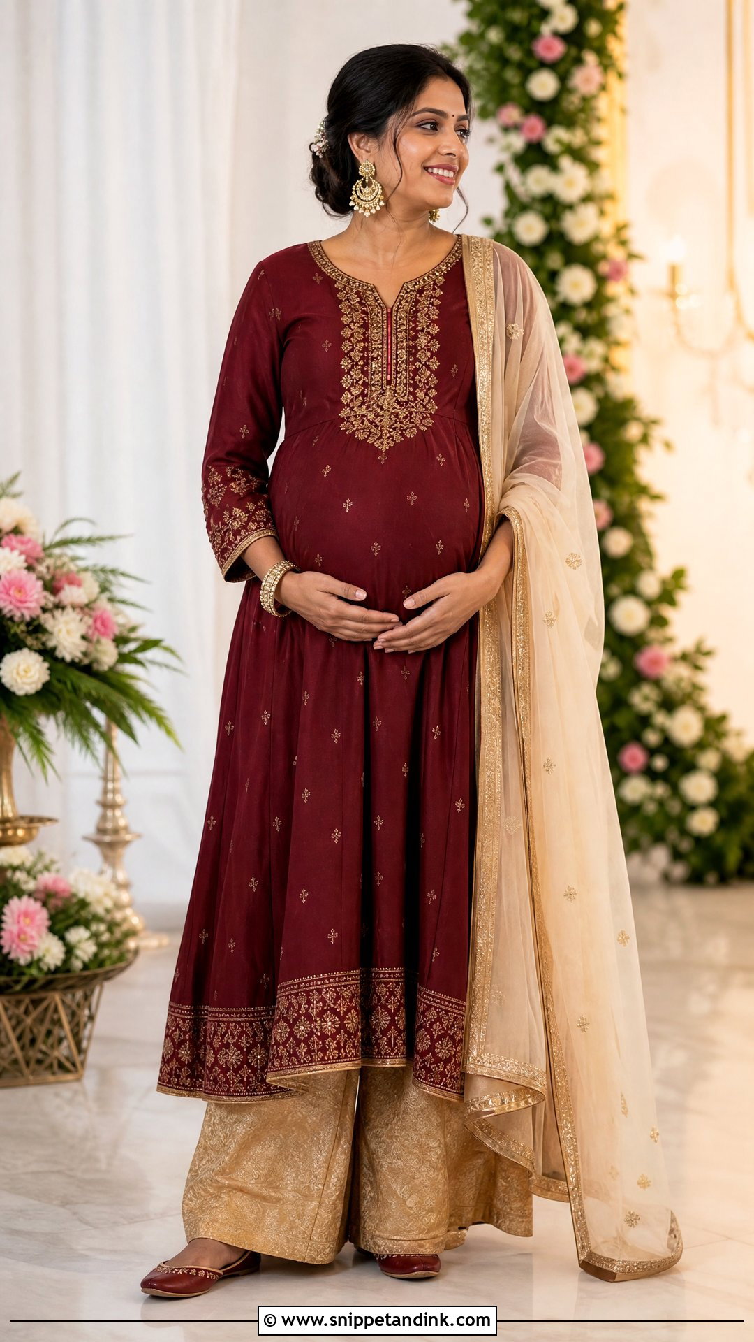 Maroon A Line Kurta Godbharai Look - Snippet and Ink - 25 Godbharai Look Ideas