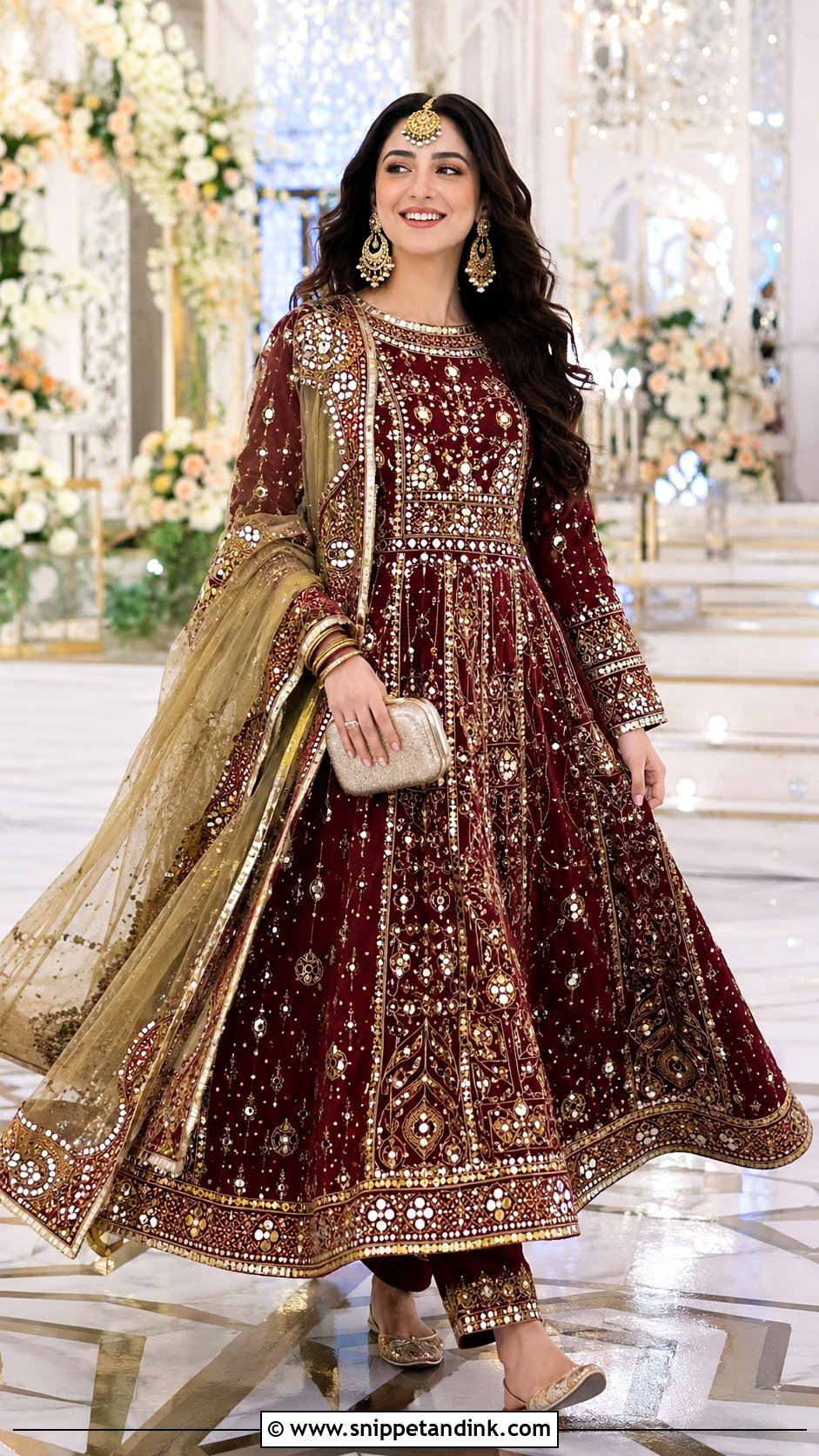 Maroon Afghan Bridal Dress With Mirror Work - Snippet and Ink - 20 Afghan Bridal Dress Ideas