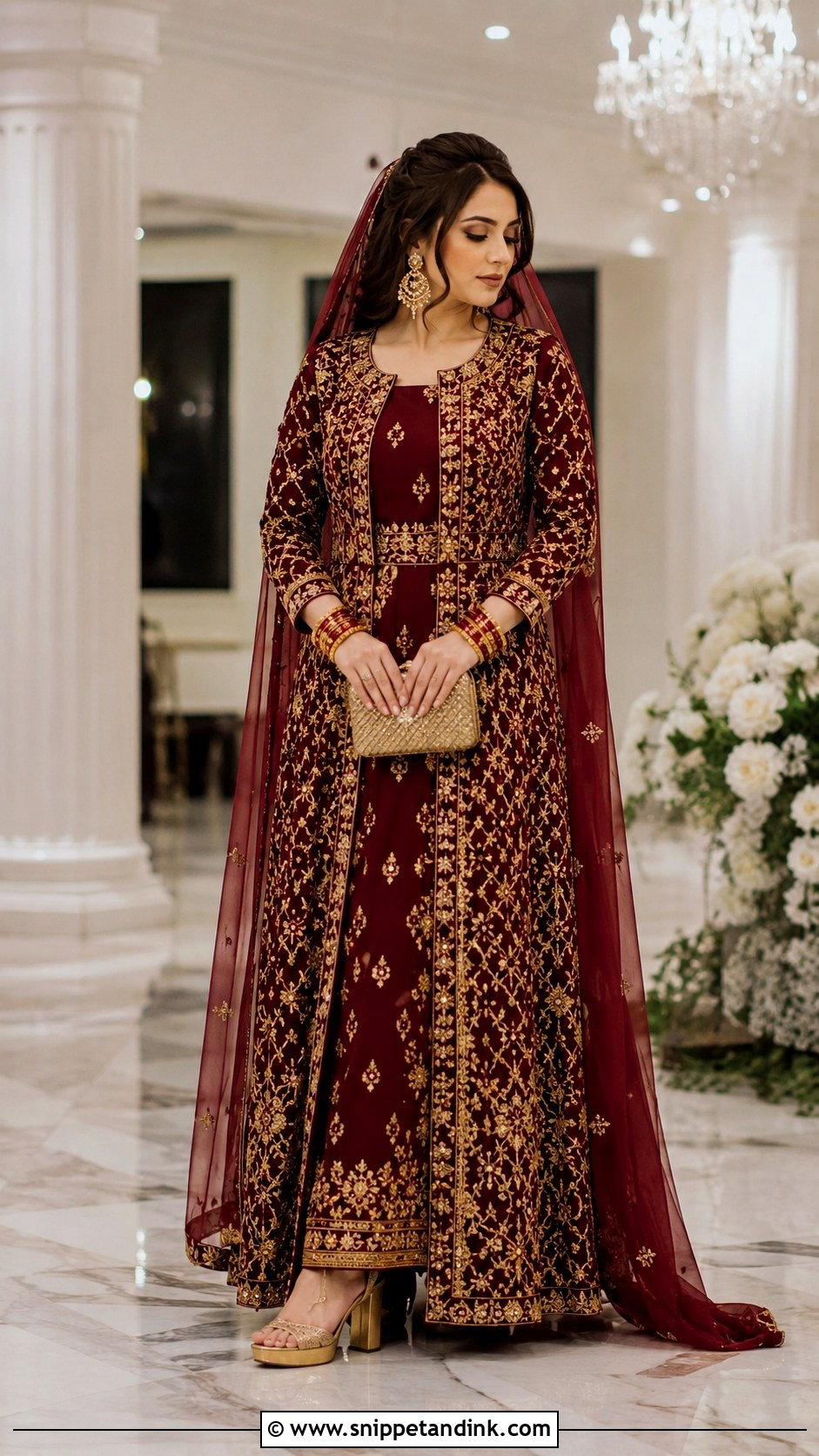 Maroon Afghani Wedding Dress With Long Jacket - Snippet and Ink - 20 Afghani Wedding Dress Ideas