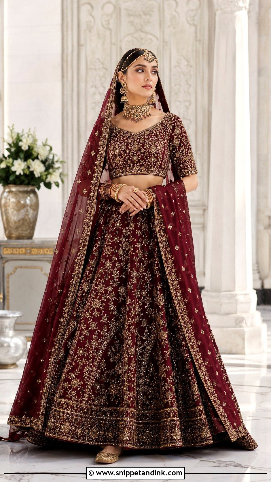 Maroon And Antique Gold Pakistani Bridal Lehenga - Snippet and Ink - 20 Maroon Pakistani Bridal Dress Ideas