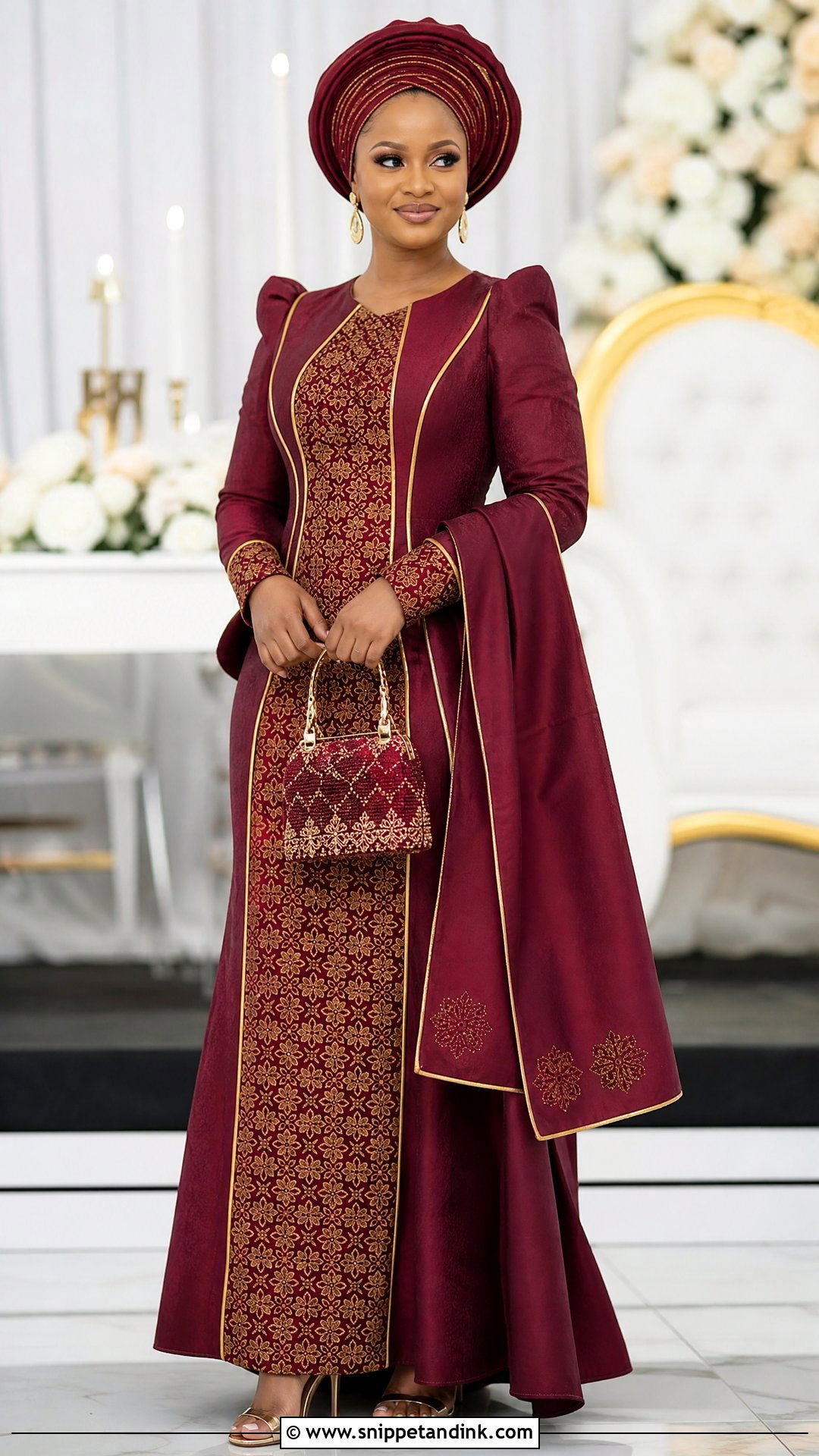 Maroon And Gold Sepedi Wedding Dress - Snippet and Ink - 25 Sepedi Traditional Wedding Dresses