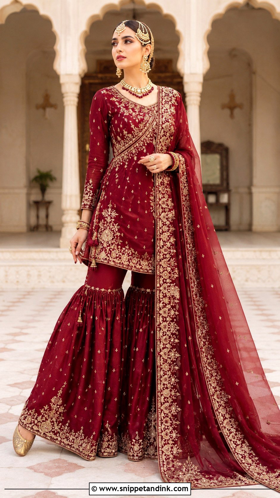 Maroon Angrakha Pakistani Bridal Gharara - Snippet and Ink - 20 Maroon Pakistani Bridal Dress Ideas