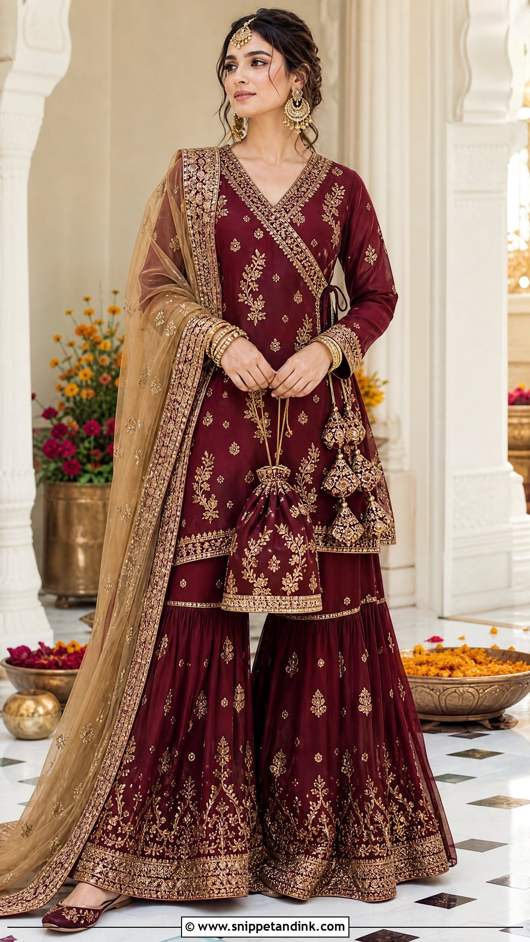 Maroon Angrakha Sharara Shalwar - Snippet and Ink - 20 Wedding Shalwar Design for Women Ideas