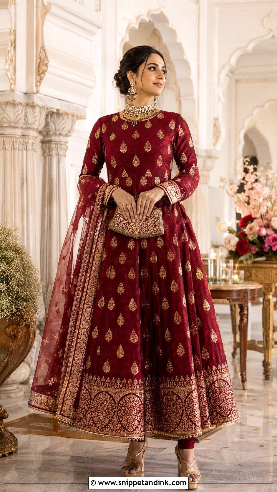 Maroon Banaras Anarkali Dress With Kundan Jewelry - Snippet and Ink - 20 Banaras Anarkali Dresses