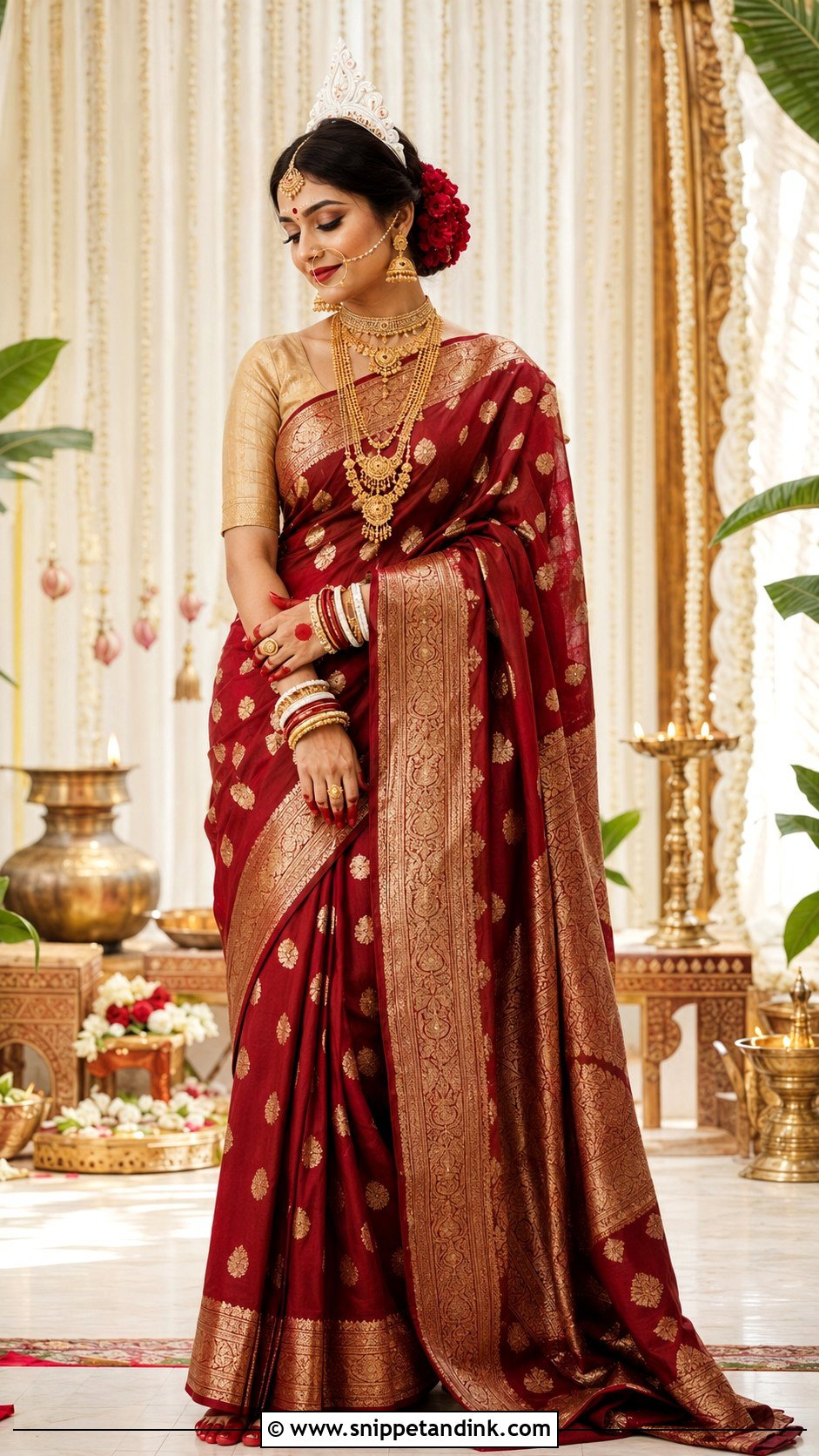 Maroon Banarasi Bengali Bride Look - Snippet and Ink - 30 Bengali Bride Traditional Look Ideas