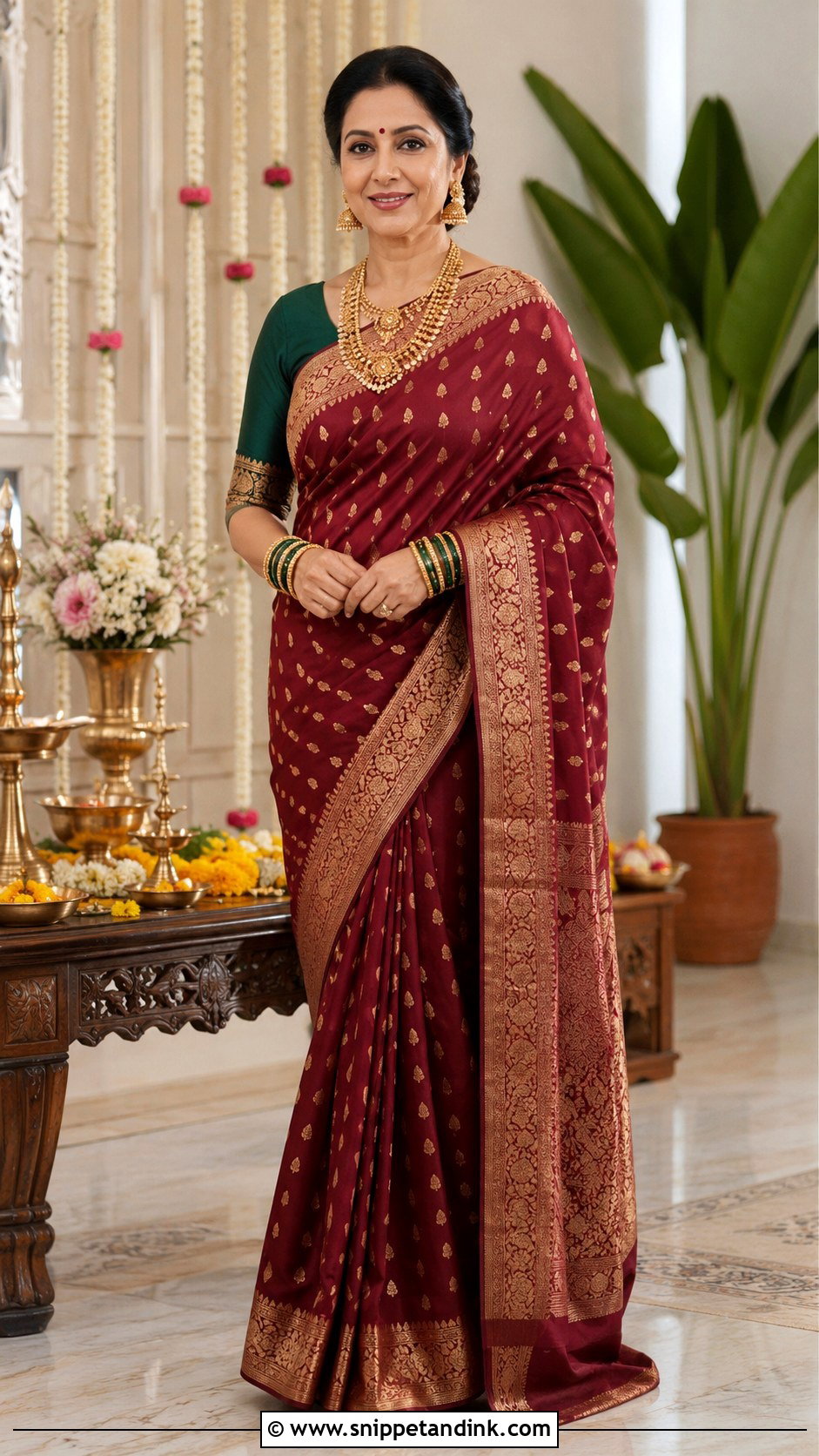 Maroon Banarasi Saree Grah Shanti Outfit - Snippet and Ink - 20 Grah Shanti Outfit Ideas