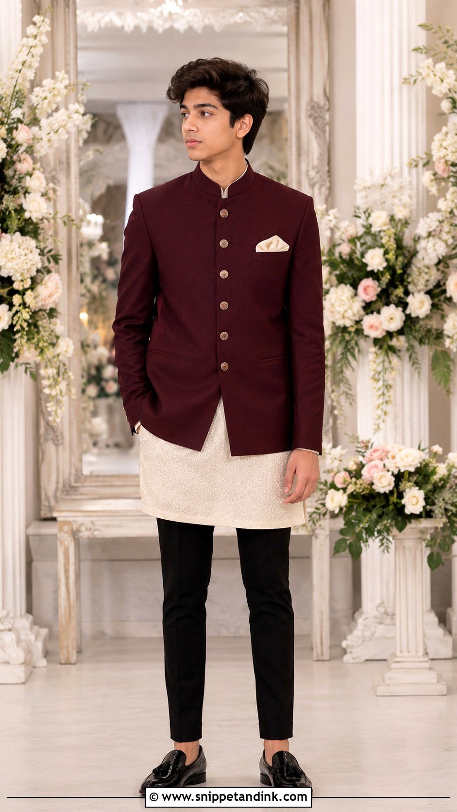 Maroon Bandhgala With Slim Trousers - Snippet and Ink - 20 Boys Sangeet Outfit Ideas