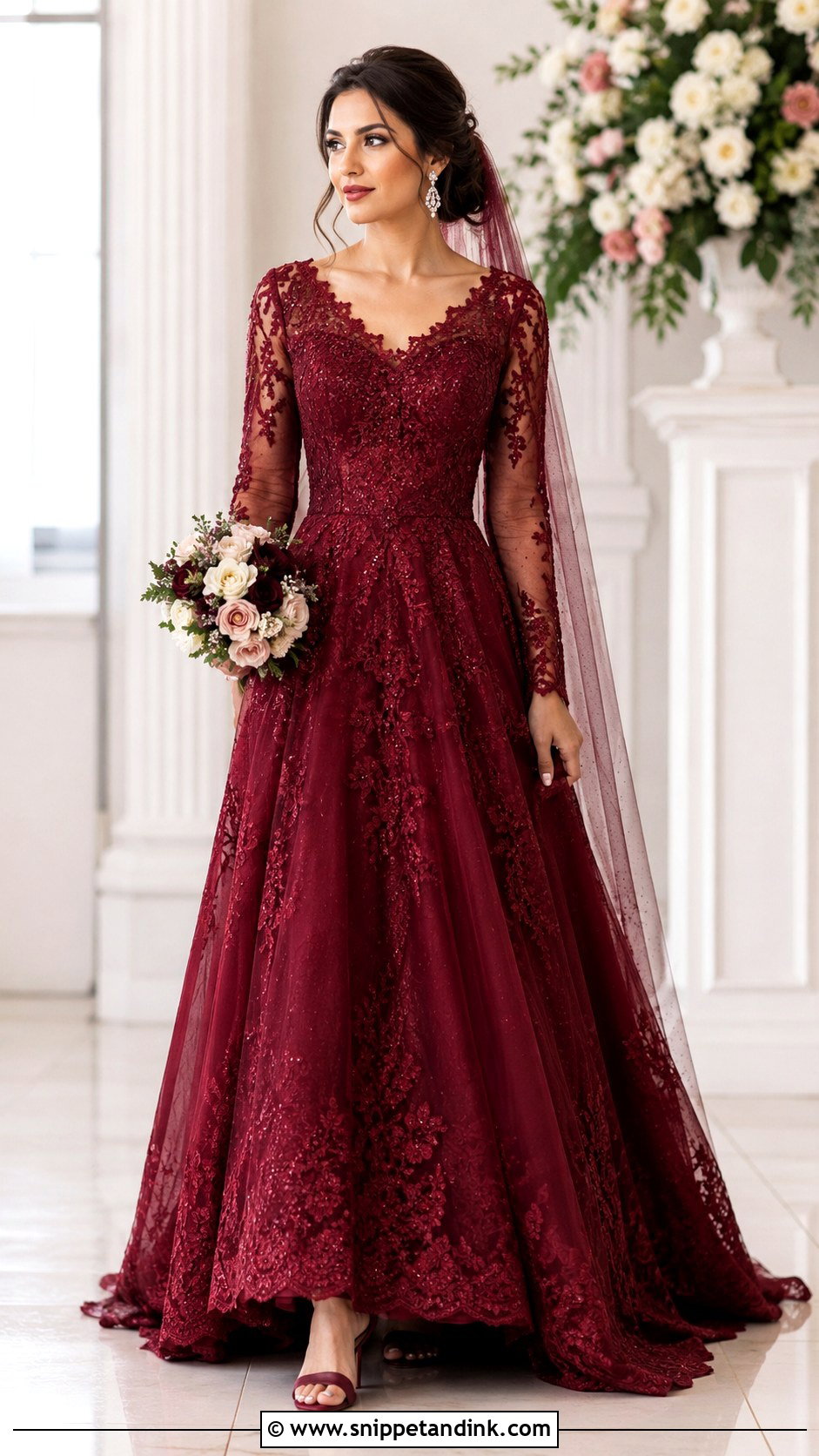 Maroon Bridal A Line Gown - Snippet and Ink - 25 Maroon Bridal Dress Ideas
