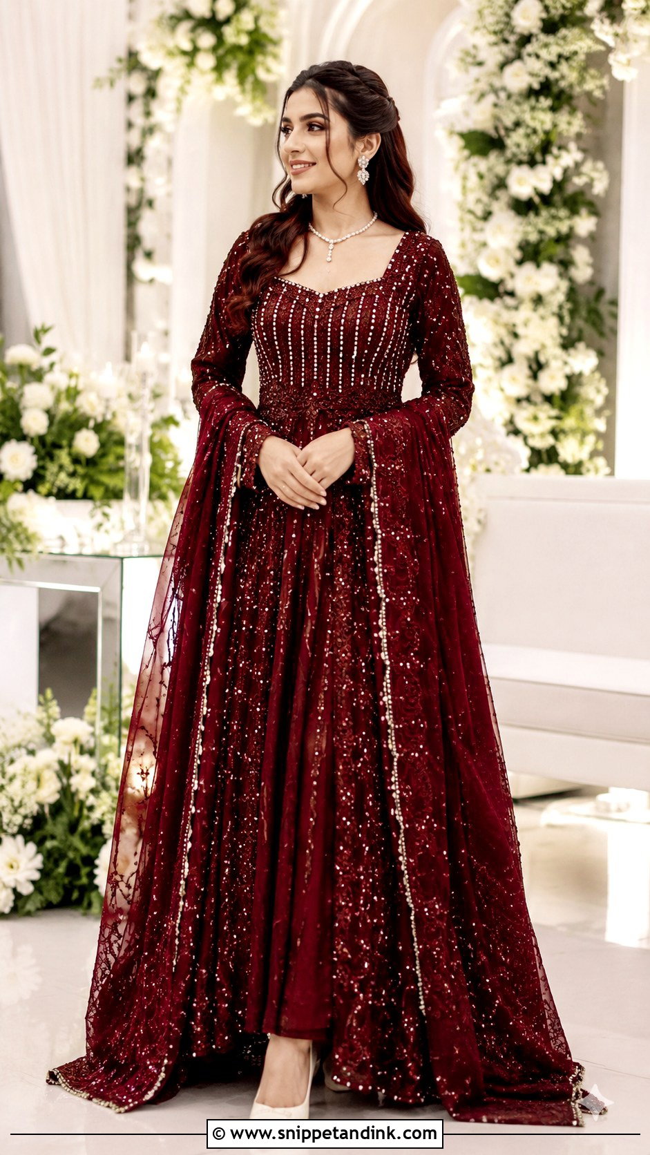 Maroon Bridal Dress With Pearl Embroidery - Snippet and Ink - 25 Maroon Bridal Dress Ideas