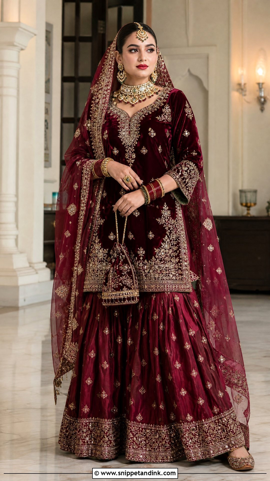 Maroon Bridal Gharara With Velvet Kurti - Snippet and Ink - 20 Red Bridal Gharara Ideas