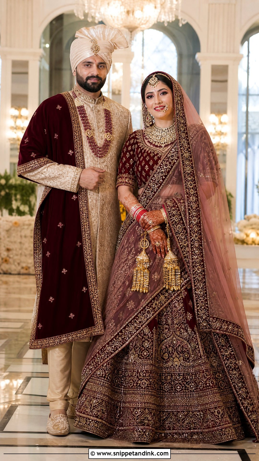 Maroon Bridal Lehenga And Beige Sherwani Couple Outfit - Snippet and Ink - 20 Indian Bridal Couple Dress Ideas