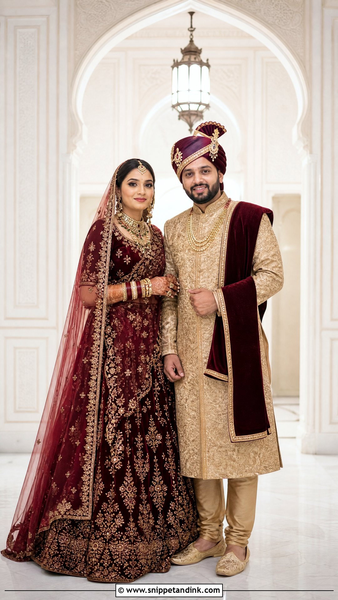 Maroon Bridal Lehenga And Gold Groom Sherwani - Snippet and Ink - 25 Indian Wedding Couple Dress Ideas