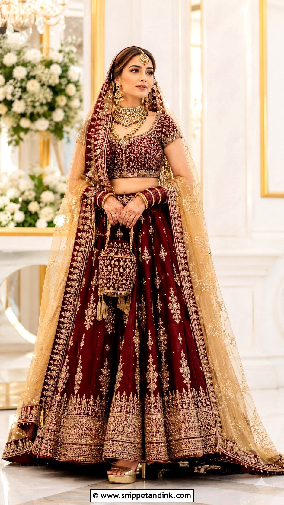 Maroon Bridal Lehenga With Gold Dupatta - Snippet and Ink - 25 Maroon Bridal Dress Ideas