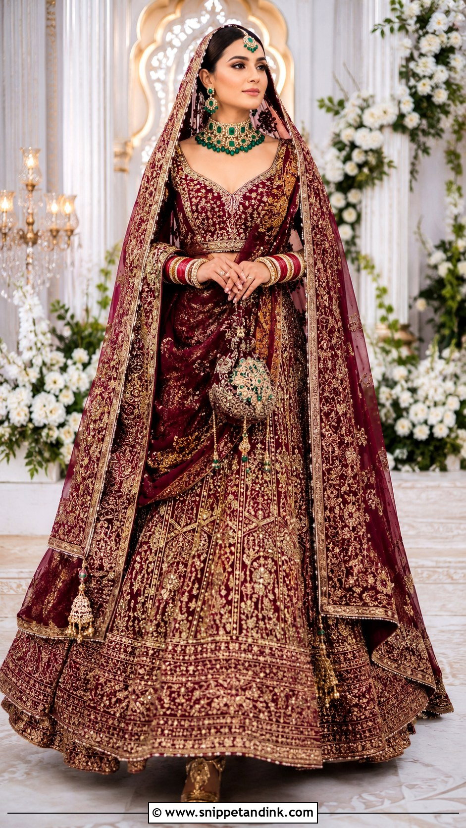 Maroon Bridal Lehenga With Green Jewelry - Snippet and Ink - 25 Maroon Bridal Dress Ideas