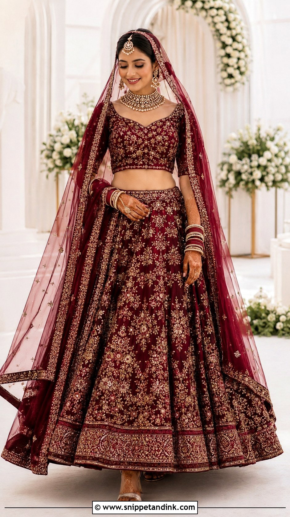 Maroon Bridal Lehenga With Matching Veil - Snippet and Ink - 25 Maroon Bridal Dress Ideas
