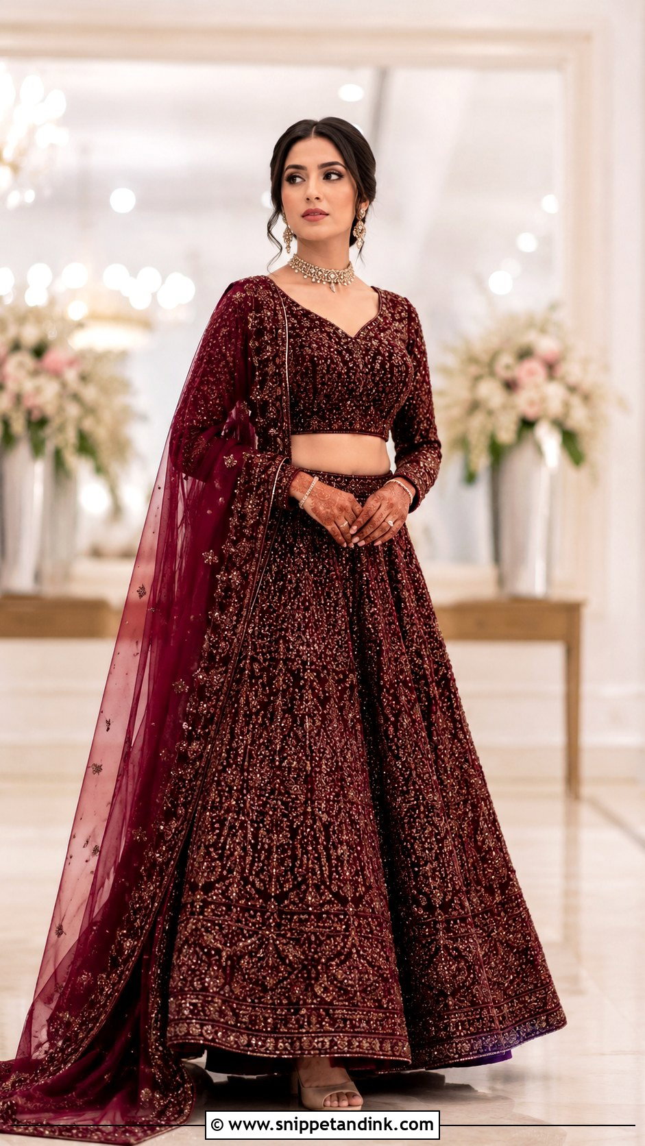 Maroon Bridal Lehenga With Minimal Jewelry - Snippet and Ink - 25 Maroon Bridal Dress Ideas