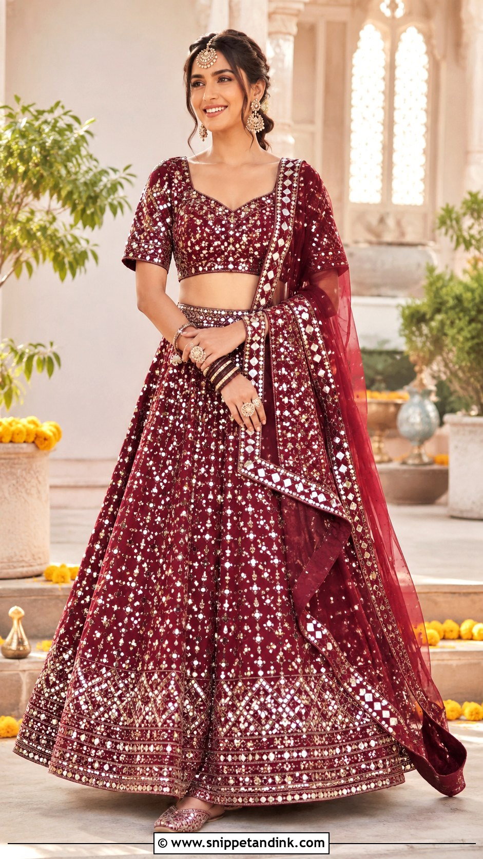 Maroon Bridal Lehenga With Mirror Work - Snippet and Ink - 25 Maroon Bridal Dress Ideas