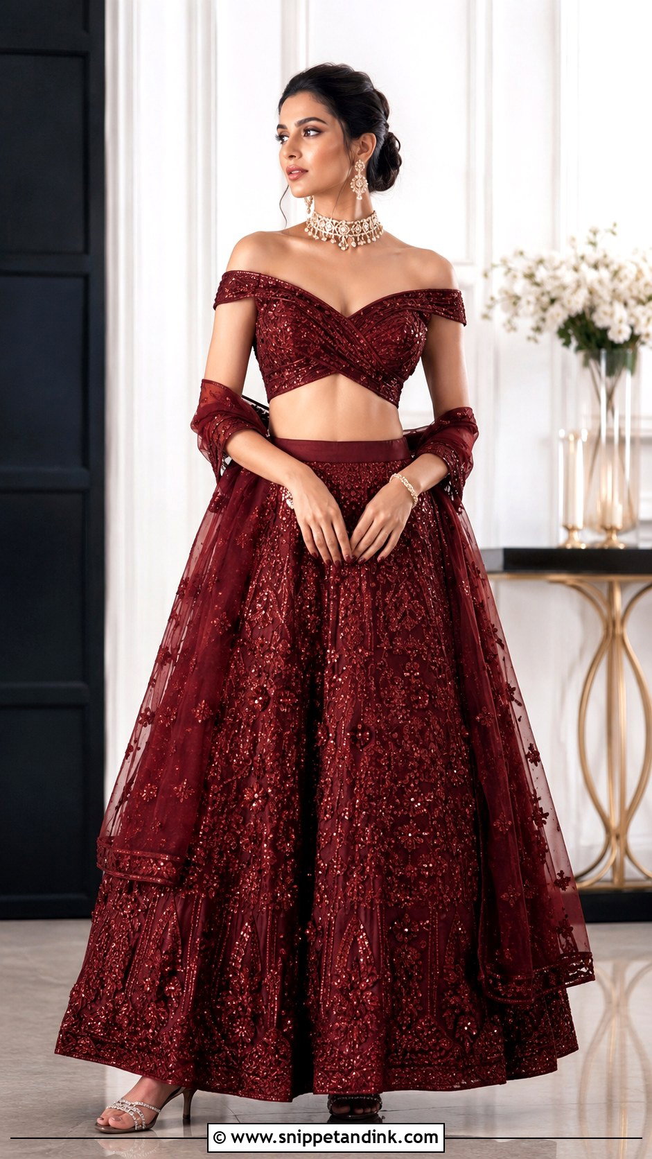 Maroon Bridal Lehenga With Off Shoulder Blouse - Snippet and Ink - 25 Maroon Bridal Dress Ideas