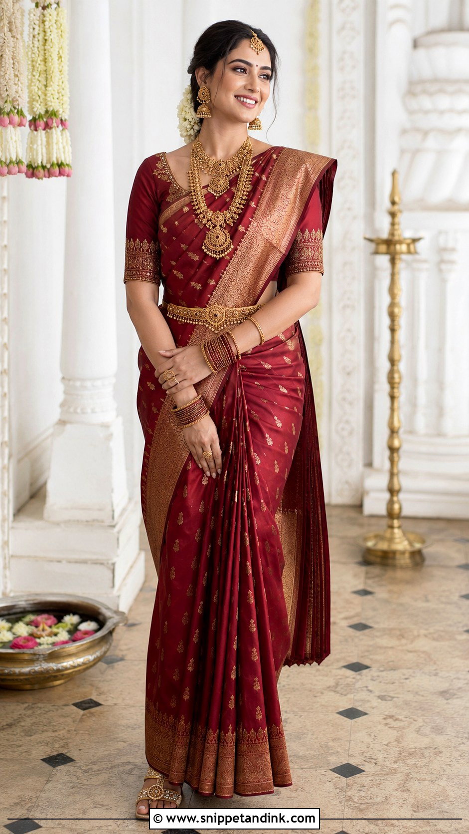 Maroon Bridal Saree With Gold Jewelry - Snippet and Ink - 25 Maroon Bridal Dress Ideas