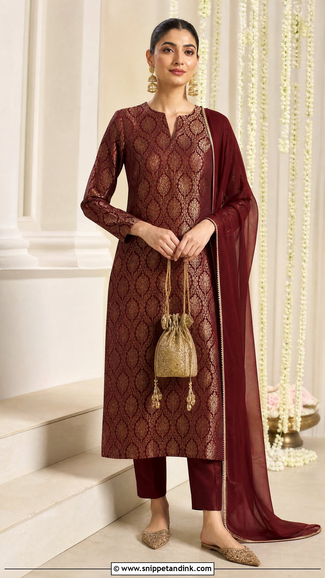 Maroon Brocade Straight Kurta Set - Snippet and Ink - 20 Kurta Sets for Women Wedding Ideas