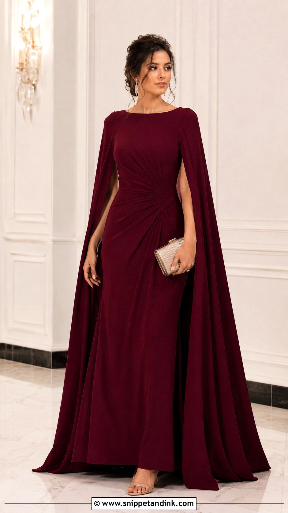 Maroon Cape Gown With Minimal Heels - Snippet and Ink - 30 Maroon Gown Ideas