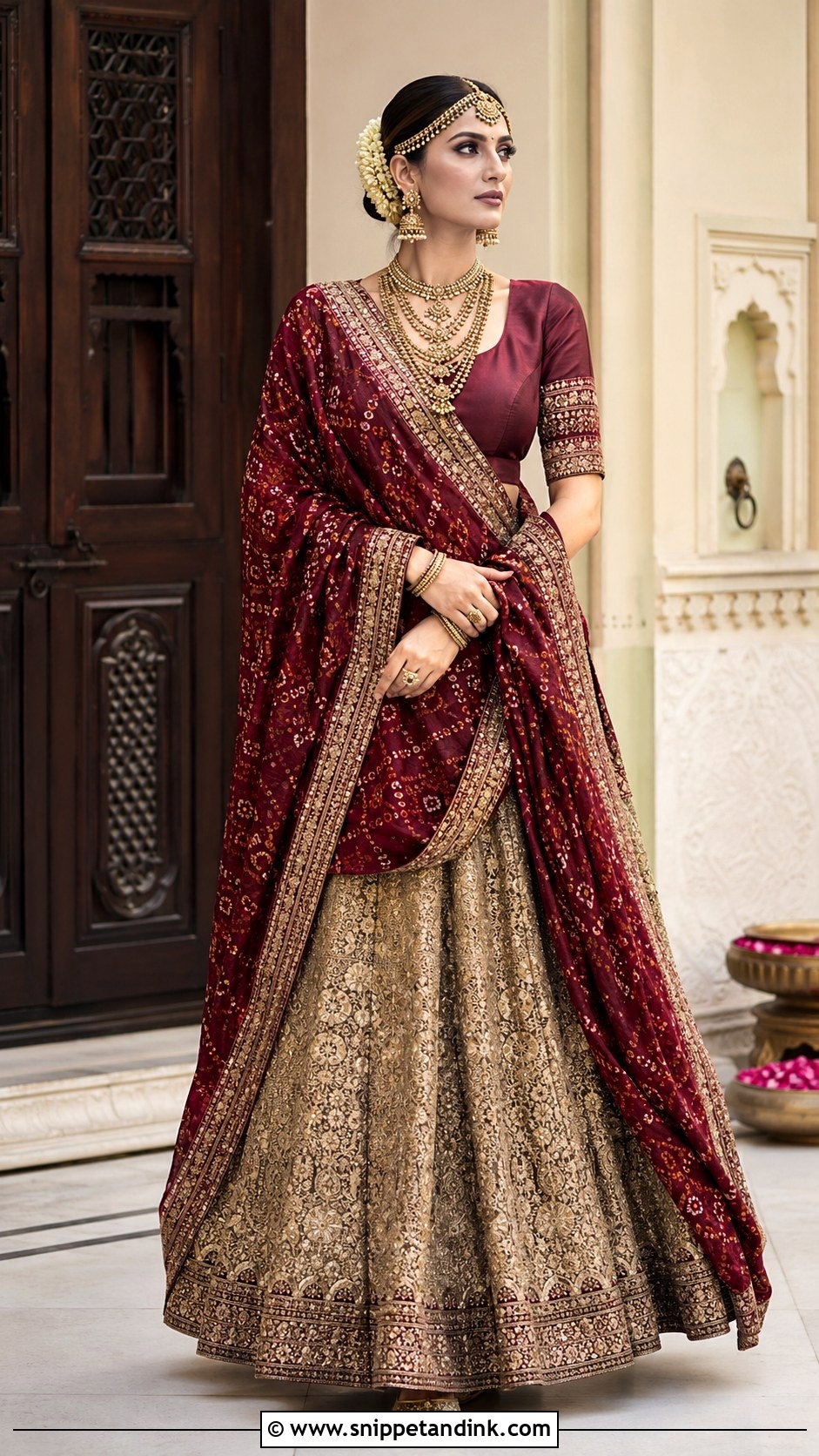Maroon Chundadi With Gold Bridal Lehenga - Snippet and Ink - 20 Chundadi Design for Marriage Ideas