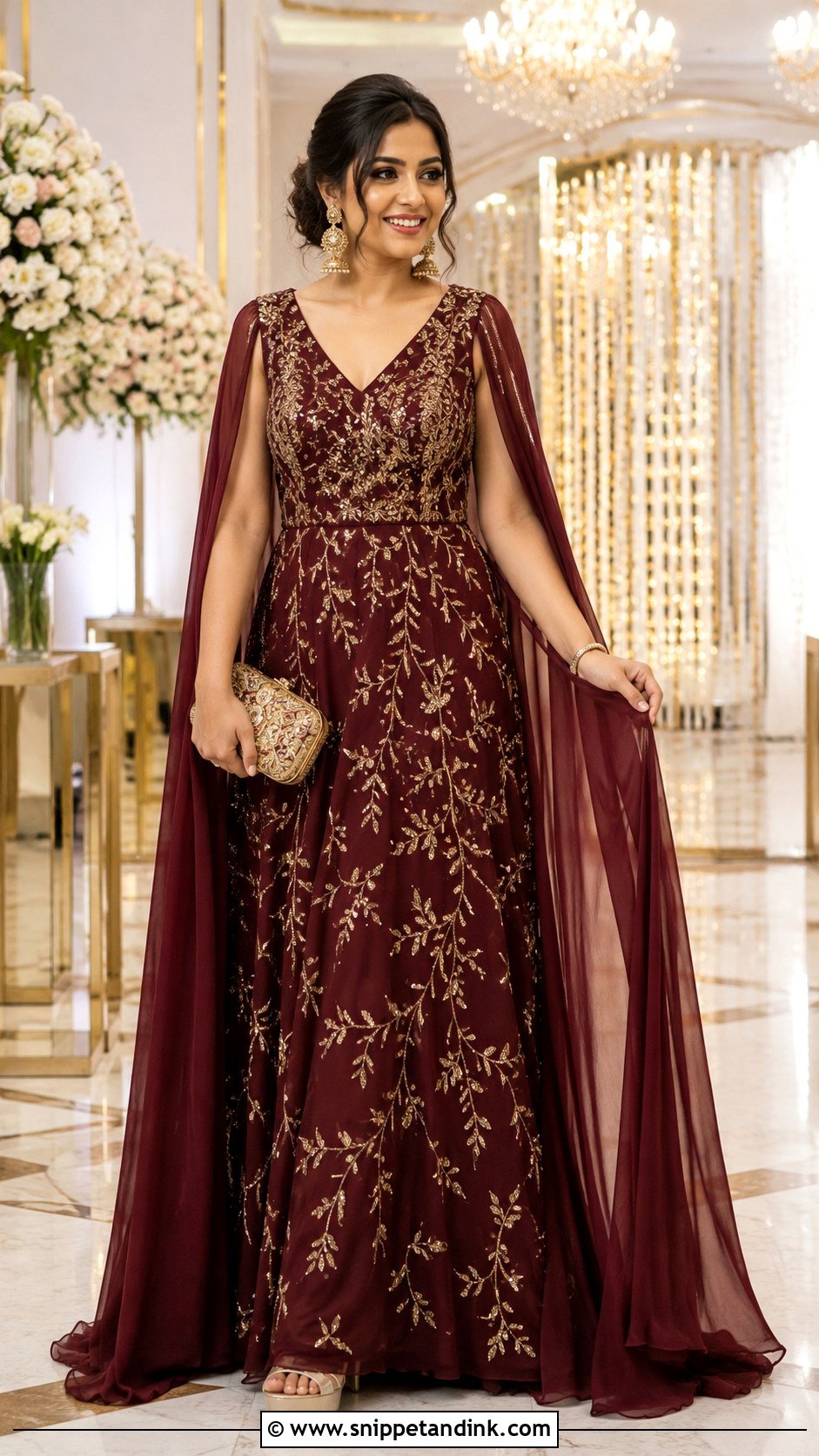 Maroon Embellished Cocktail Gown With Cape Sleeves - Snippet and Ink - 20 Cocktail Gowns Indian Weddings