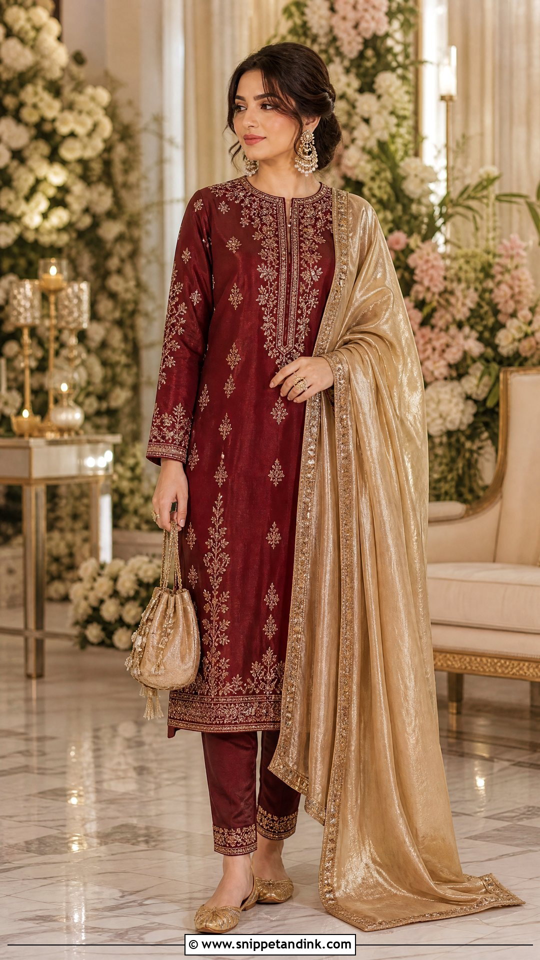 Maroon Embroidered Kurta Set With Gold Dupatta - Snippet and Ink - 25 Kurta Set for Wedding Ideas
