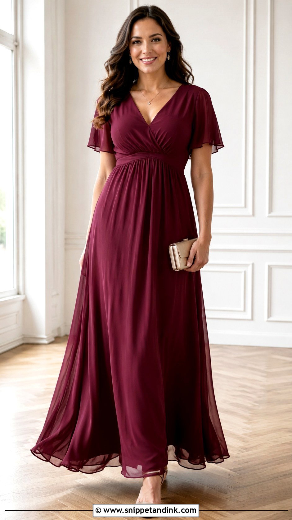 Maroon Empire Waist Gown With Delicate Necklace - Snippet and Ink - 30 Maroon Gown Ideas