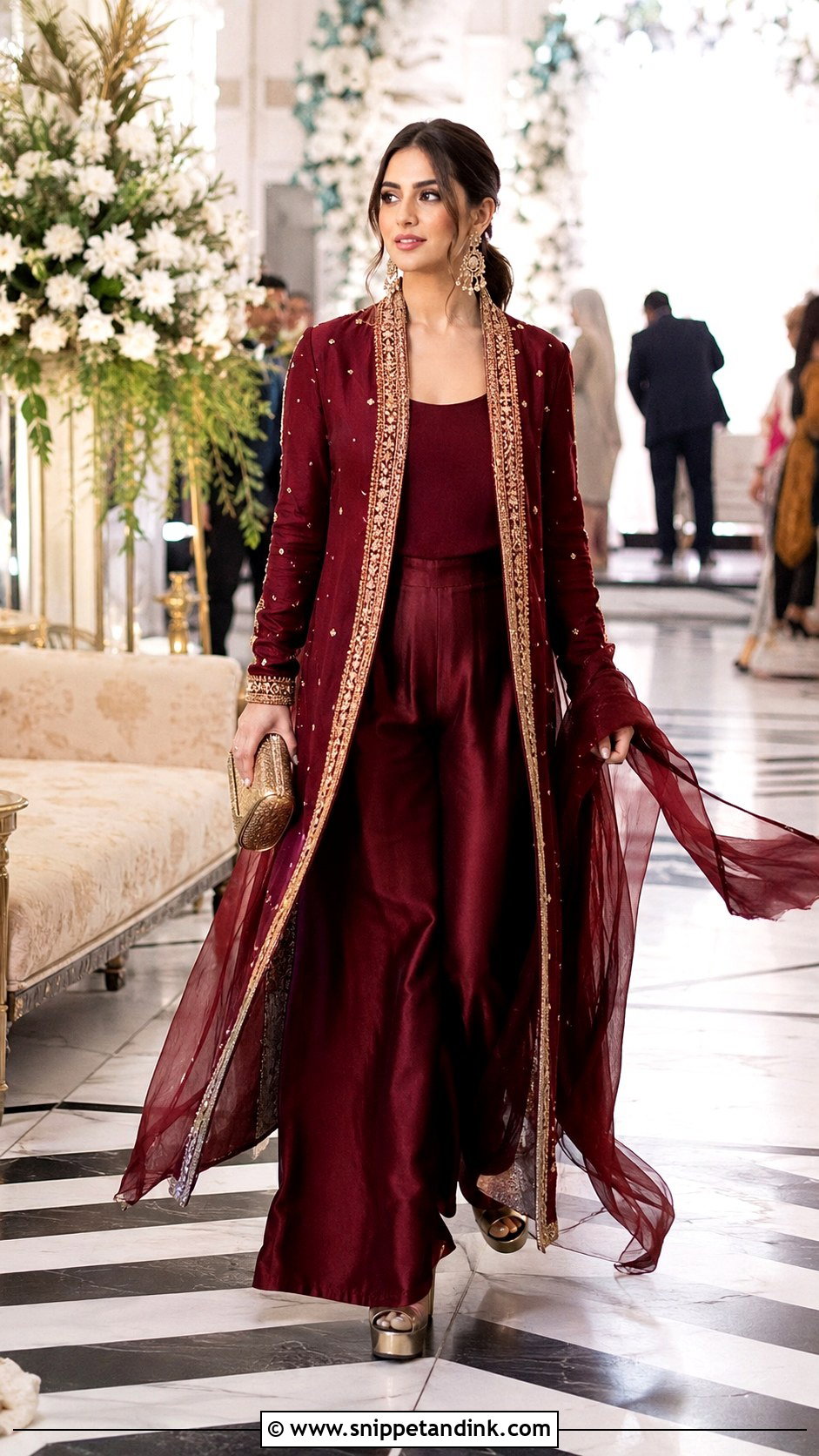 Maroon Front Open Long Shirt Palazzo Wedding Outfit - Snippet and Ink - 20 Long Shirt with Plazo Wedding Dress Ideas