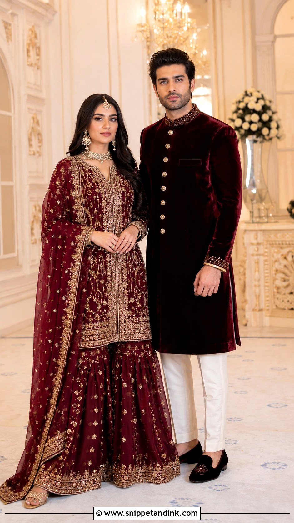 Maroon Gharara And Velvet Sherwani Desi Couple Outfit - Snippet and Ink - 20 Desi Couple Outfits