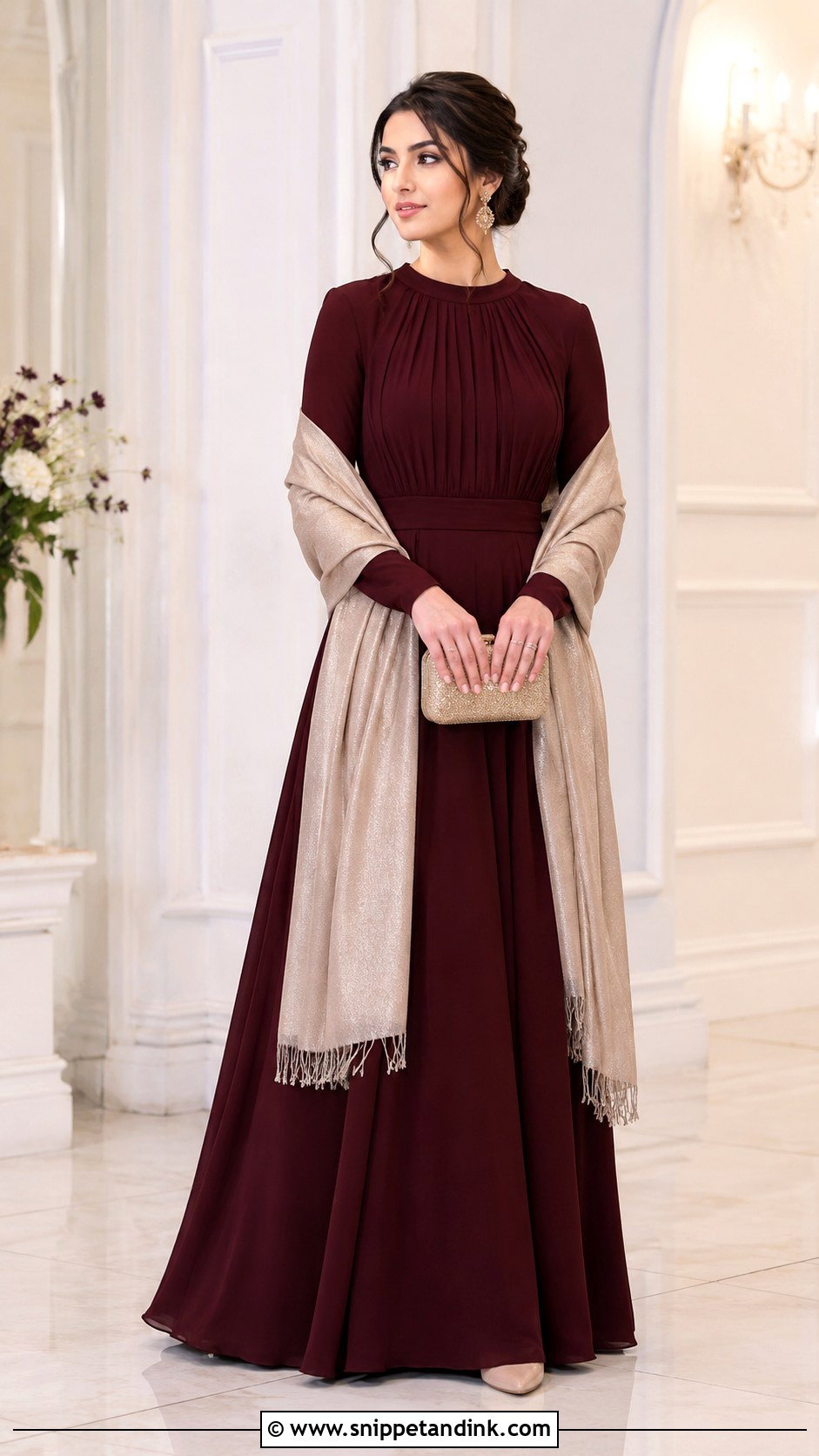 Maroon Gown With Shawl And Closed Toe Heels - Snippet and Ink - 30 Maroon Gown Ideas