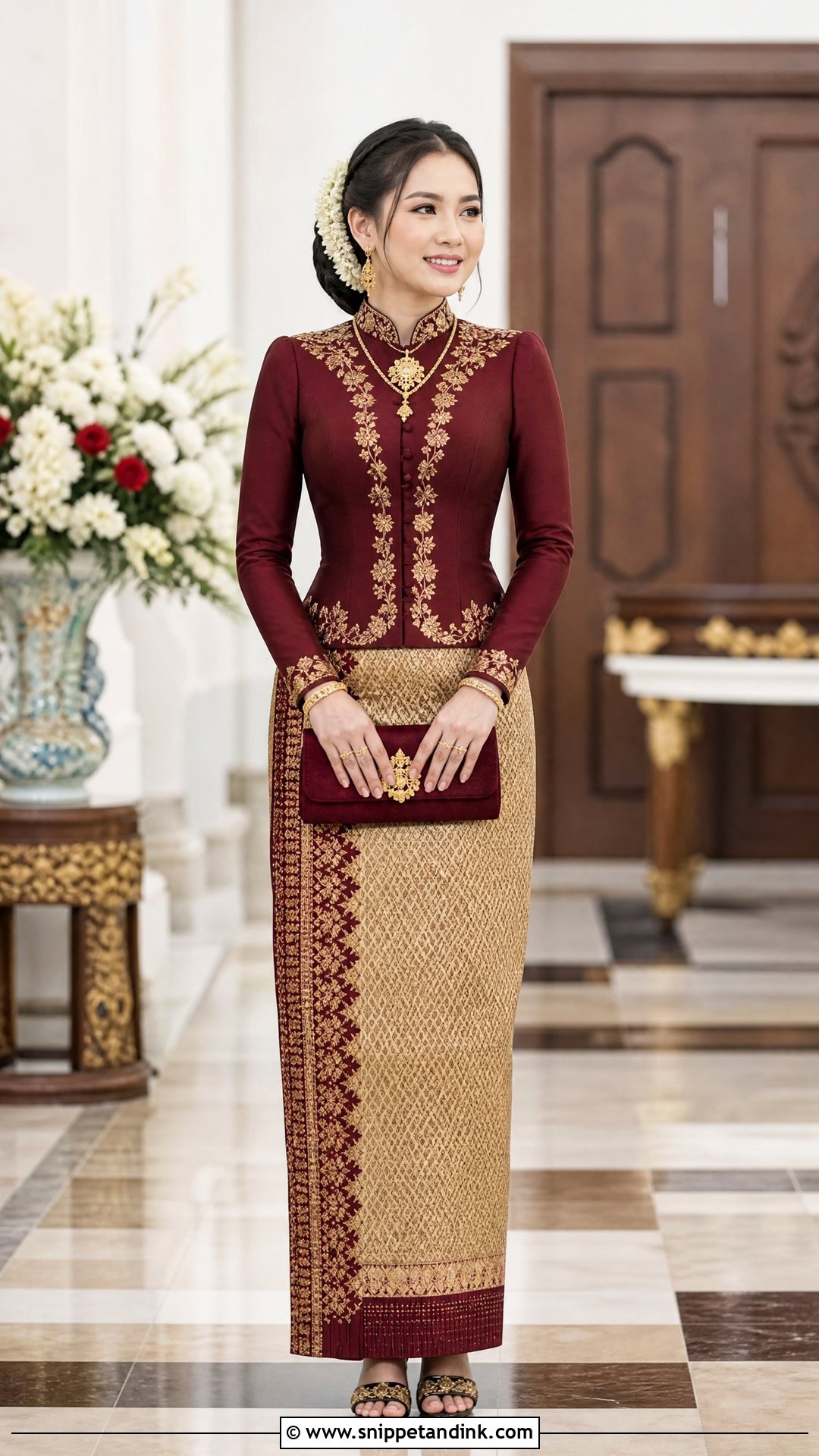 Maroon Jacket and Gold Silk Htamein - Snippet and Ink - 20 Myanmar Wedding Dresses