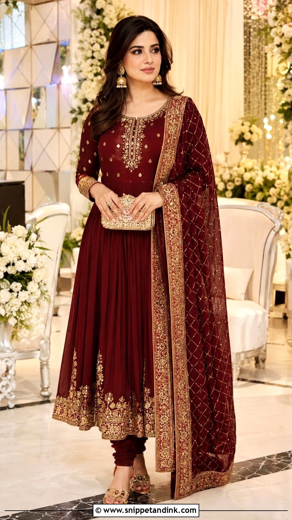 Maroon Kaliyan Wala Frock Suit With Gold Work - Snippet and Ink - 25 Kaliyan Wala Frock Suit Ideas