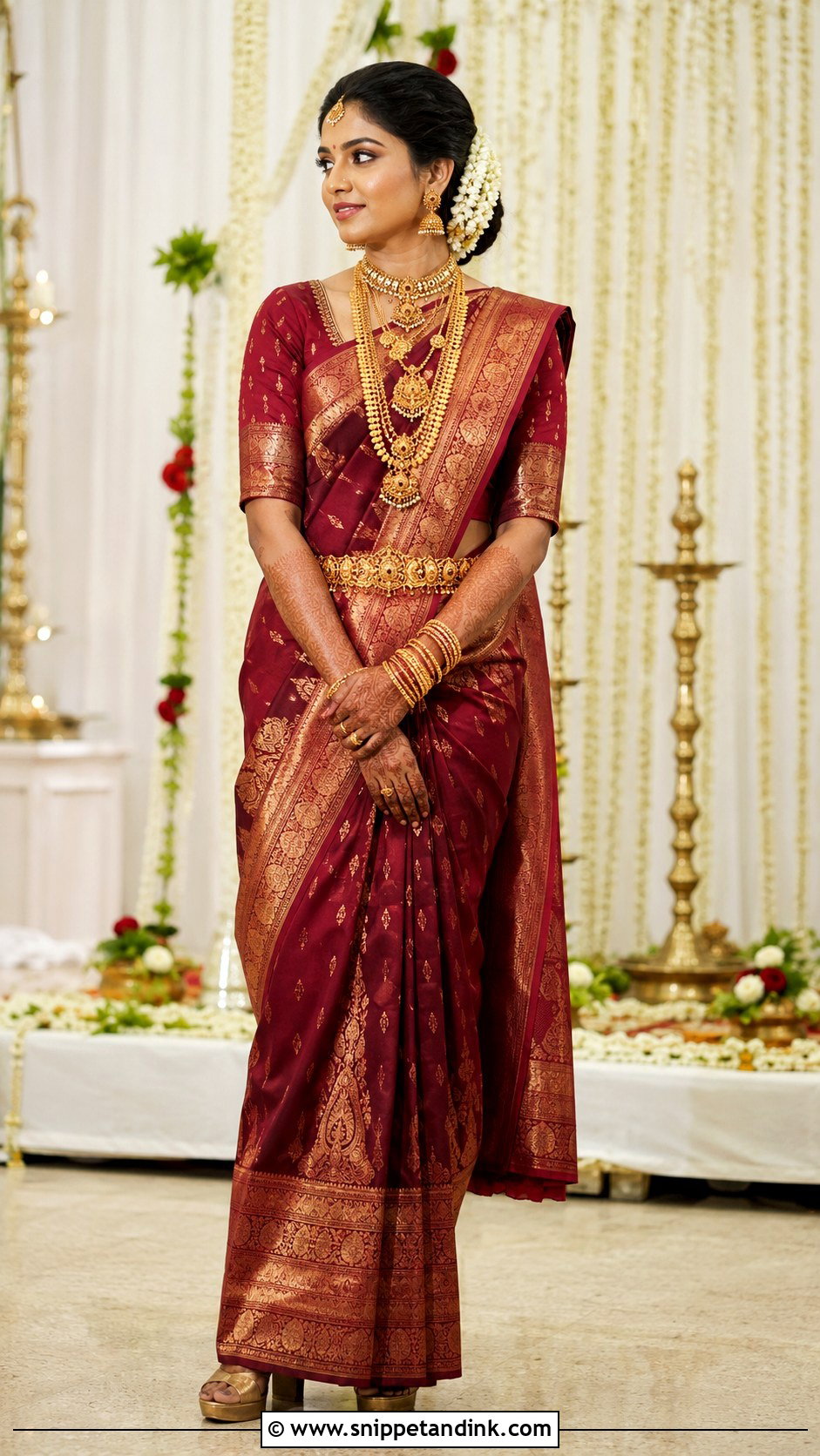 Maroon Kanjeevaram Mangalorean Bride - Snippet and Ink - 20 Mangalorean Bride Ideas