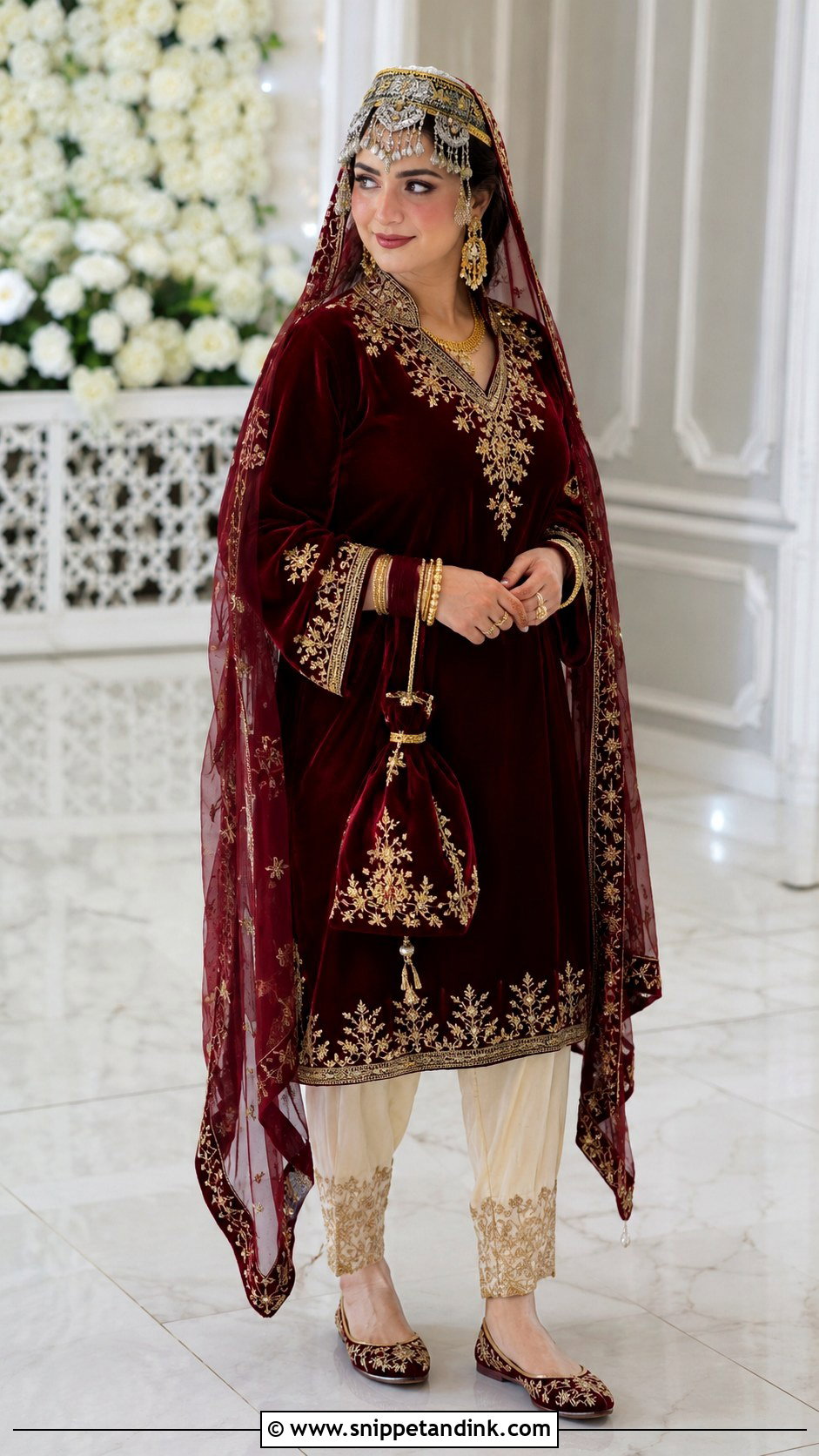 Maroon Kashmiri Pandit Bridal Pheran - Snippet and Ink - 20 Kashmiri Pandit Bride Ideas