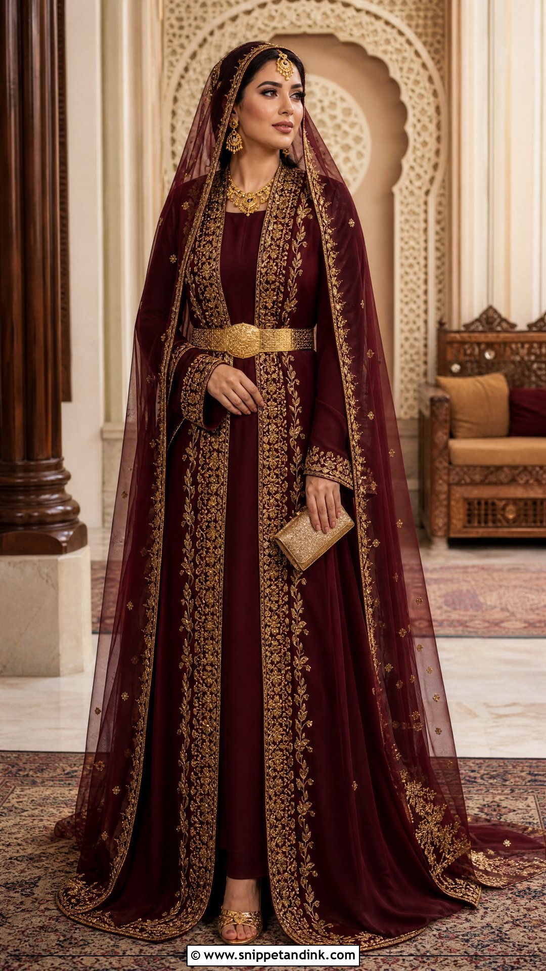 Maroon Khaleeji Wedding Dress With Aari Embroidery - Snippet and Ink - 20 Khaleeji Wedding Dresses