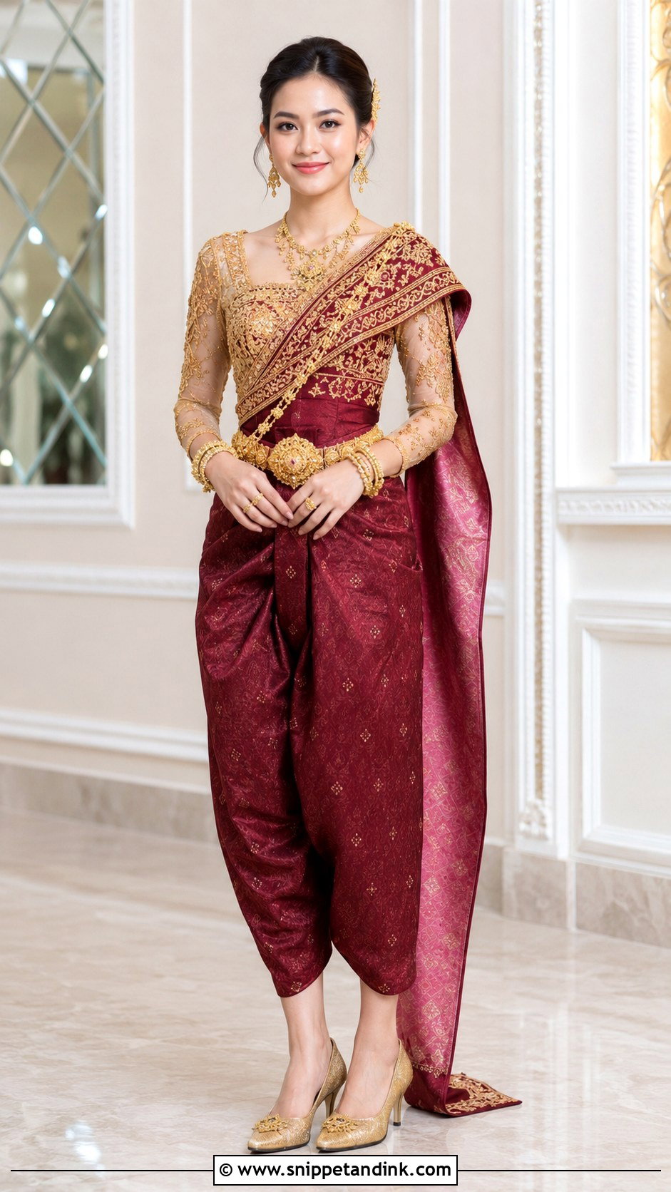 Maroon Khmer Wedding Outfit - Snippet and Ink - 20 Khmer Wedding Outfits