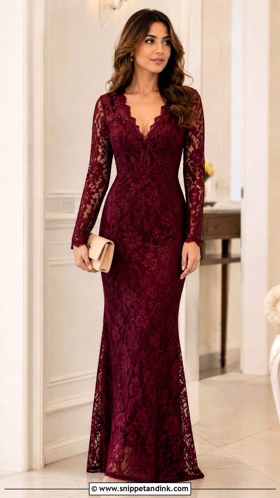 Maroon Lace Gown With Nude Clutch - Snippet and Ink - 30 Maroon Gown Ideas