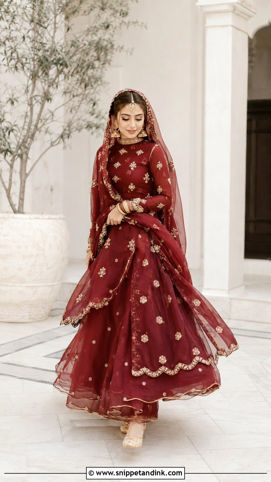 Maroon Layered Organza Pakistani Bridal Lehenga - Snippet and Ink - 20 Maroon Pakistani Bridal Dress Ideas