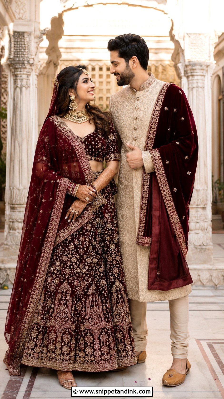 Maroon Lehenga And Beige Sherwani Wedding Outfit - Snippet and Ink - 25 Couple Contrast Outfits for Wedding