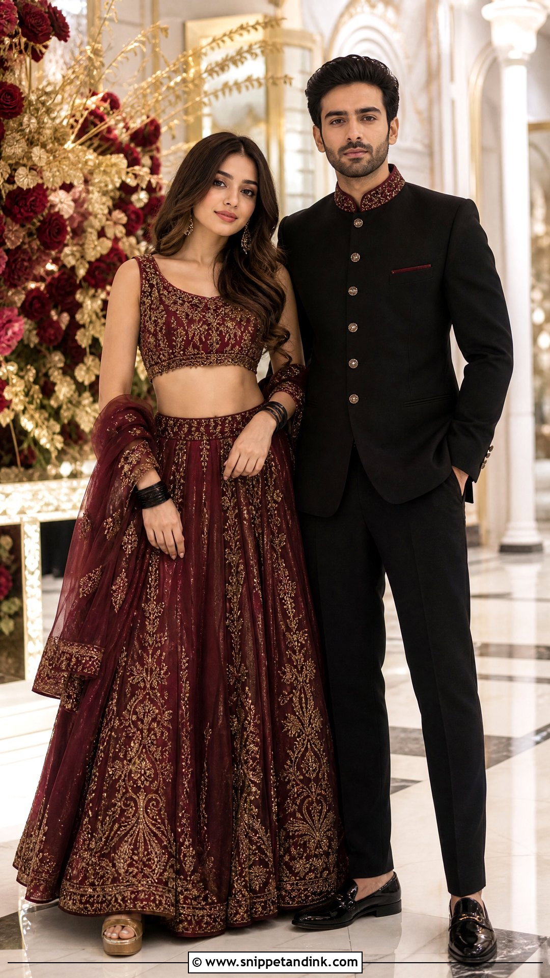 Maroon Lehenga And Black Bandhgala Sangeet Couple Outfit - Snippet and Ink - 20 Sangeet Outfit for Couple Ideas